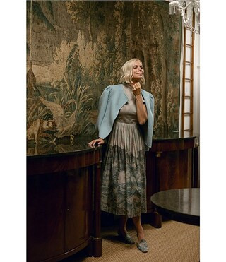 x Jennifer Sumko Bec Landscape Printed Sateen Mock Neck Short Puff Sleeve Pleated A-Line Midi Dre... | Dillard's