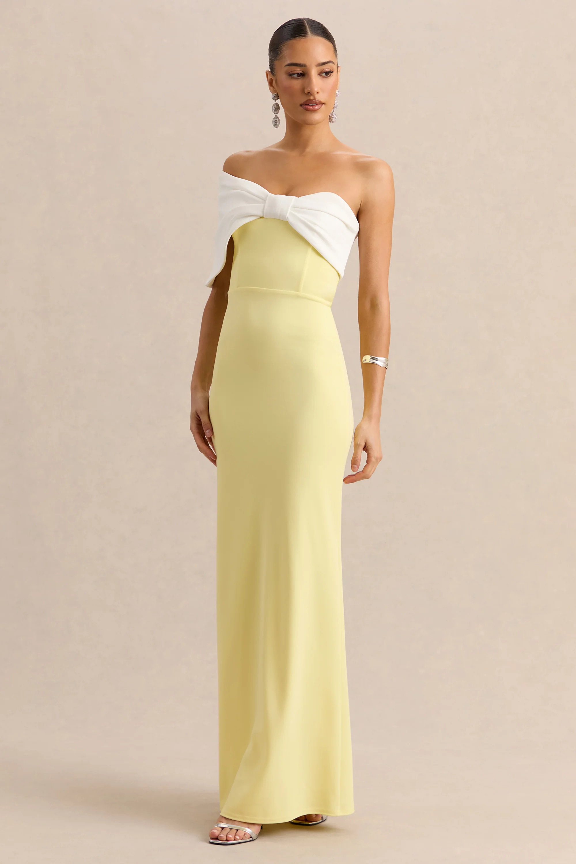 Agatha | Lemon & White Bow Bardot-Neck Maxi Dress | Club L London