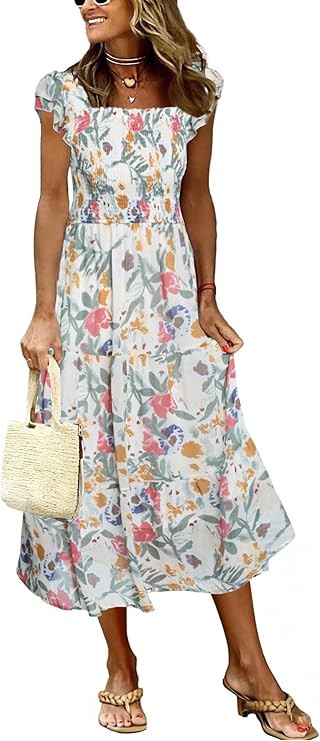 Simplee Women Summer Floral Smocked Dress Flutter Short Sleeve Chiffon Midi Dress Casual Spring F... | Amazon (US)