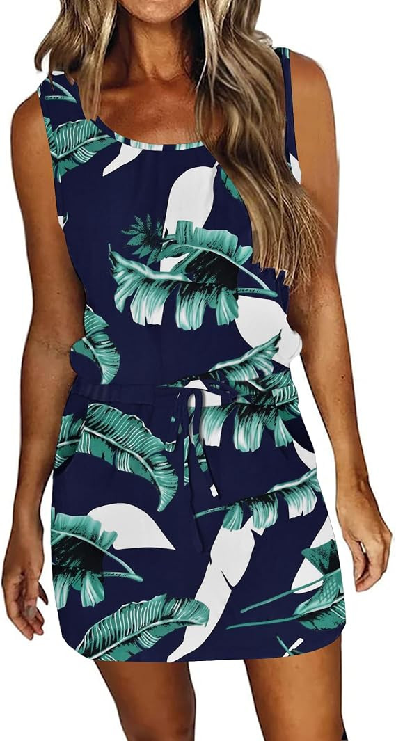 AUSELILY Womens Summer Dress Casual Sleeveless Sundresses Drawstring Waist Beach Cover up Short S... | Amazon (US)