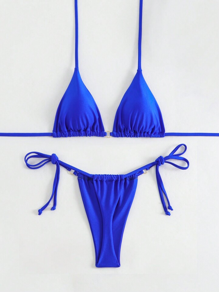 SHEIN Swim Women's Solid Color Strap Thong Bikini Set For Holiday, Sexy Split Swimsuit,Summer Bea... | SHEIN