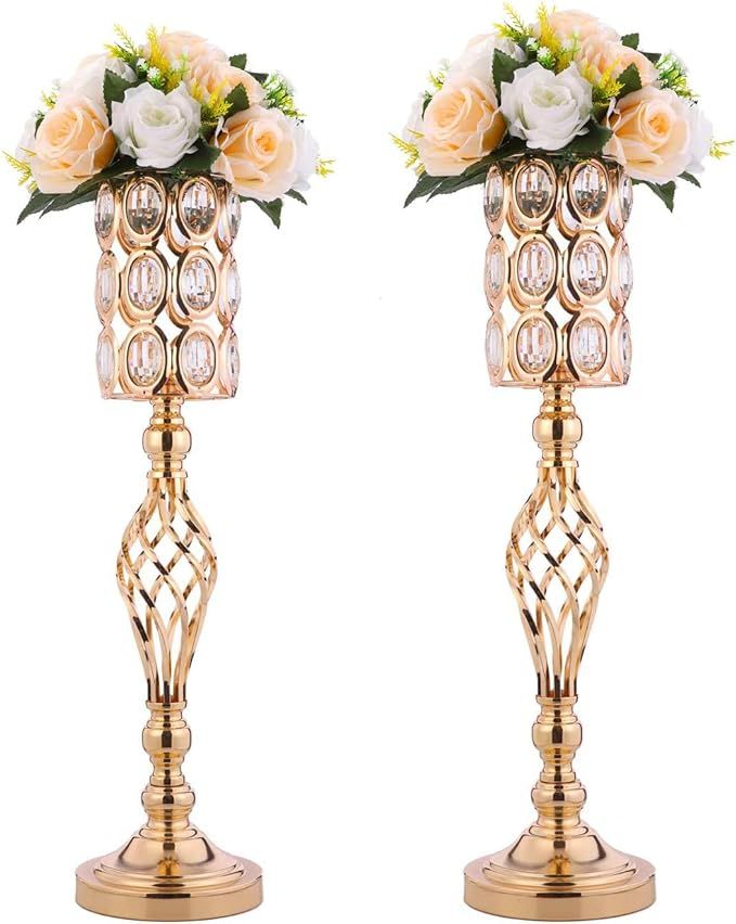 Metal Diamond Crystal Wedding Centerpiece Vases for Tables Set of 2, Gold Trumpet Road Lead Tall ... | Amazon (US)
