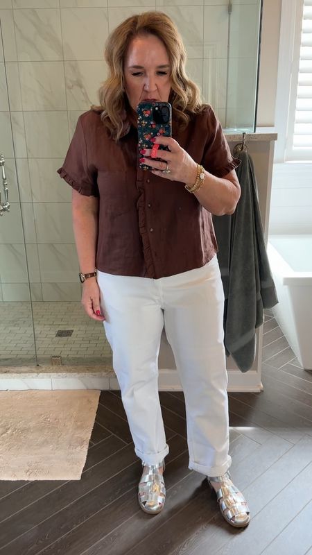 These are a relaxed, fit boyfriend, Jean. With a lower rise. I wouldn’t call it a low rise, but it comes right below my belly button. If you like this rise, these are a great pair of jeans. I like that they are substantial and they’re not see-through, they also have nice stretch, I’m wearing a 14 regular and they are supposed to be loose so I’d order your larger size

Top is a linen size large 
Sandals your smaller size in between

#LTKover40 #LTKfindsunder50 #LTKsalealert