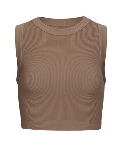 AUROLA Essentials Rib Seamless Sleeveless Tank for Women Subtle Logo Round Neck Active Workout Crop Top,Lion Brown,L | Amazon (US)