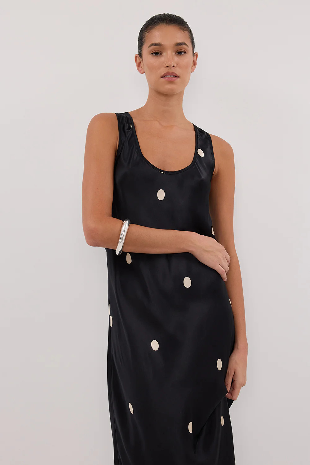 LAURA BLACK SPOT SILK MIDI DRESS | DISSH