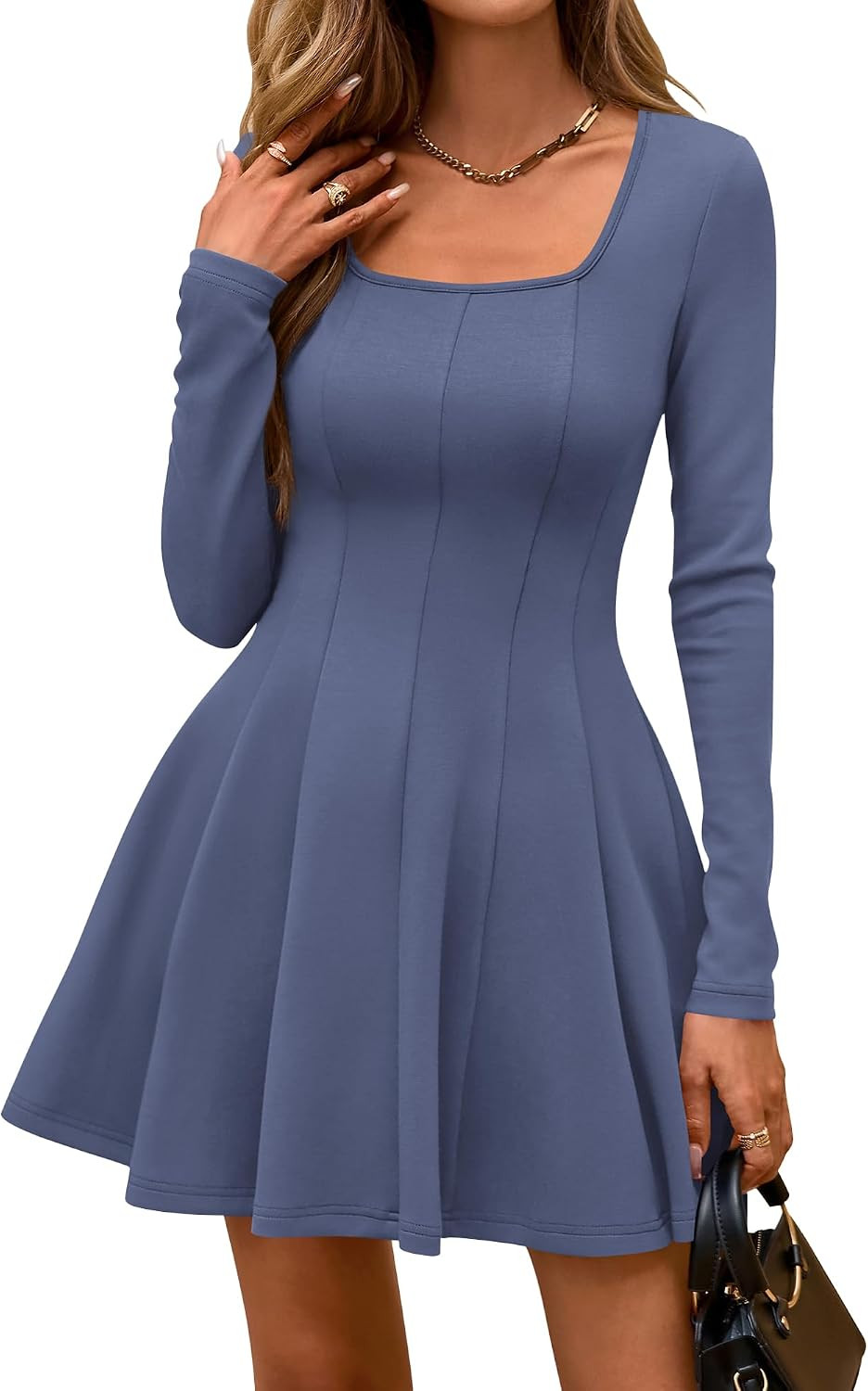 BTFBM Square Neck Dress for Women Casual Spring Long Sleeve Knit Pleated Elegant Classy 2026 Fall Cocktail Mini Dresses | Amazon (US)