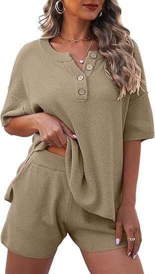 LILLUSORY Knit Lounge Set 2023 Two Piece Outfits Short Sleeve Knit Pullover Loungewear Pajamas Se... | Amazon (US)