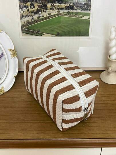 1 PC Brown Striped Makeup Bag Makeup Pouch Travel And Vacation Essentials Storage Bag Cosmetics Skincare Beauty Products Toiletry Bag Make Up Bag,For Sanitary Napkin,Wallet,Glasses,For Women,Students,For Holiday Gift,Friend Gifts,Back To School Gift | SHEIN