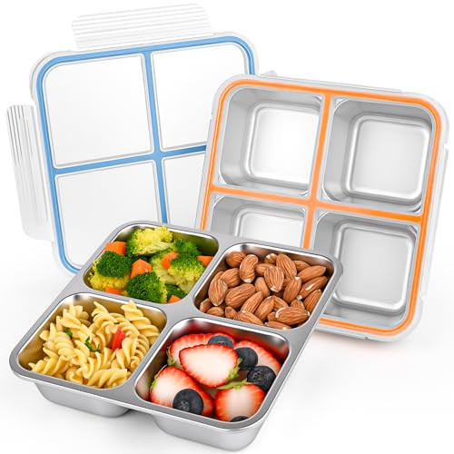 BGMAABQ 2 Pack Stainless Steel Snack Containers with Lids, Leakproof 4 Compartment Bento Lunch Boxes, Reusable Metal Meal Prep Food Storage Containers, Dishwasher Safe for Work, Travel, Picnic | Amazon (US)