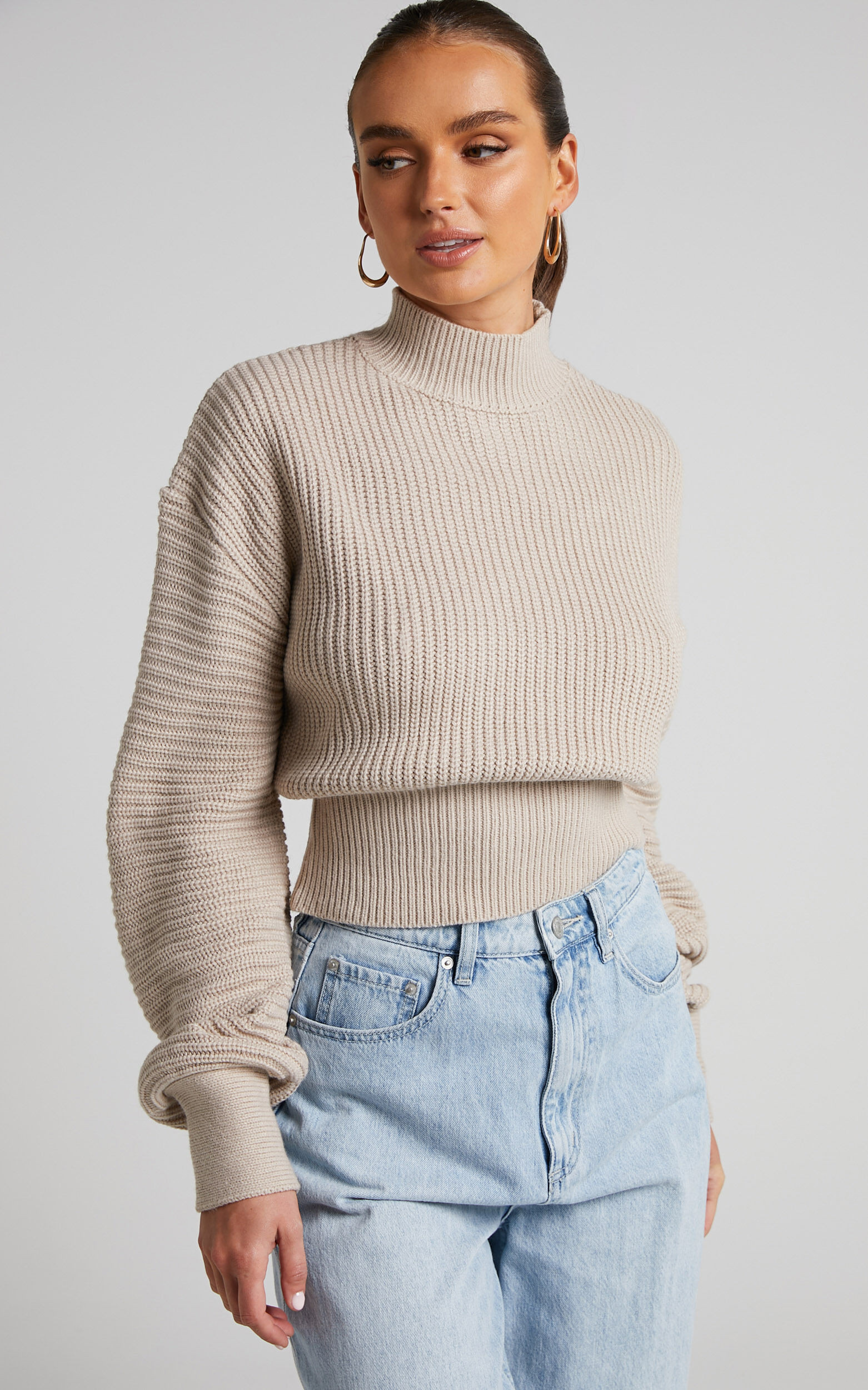 Valerie High Neck Balloon Sleeve Knit Jumper in Beige | Showpo (US, UK & Europe)