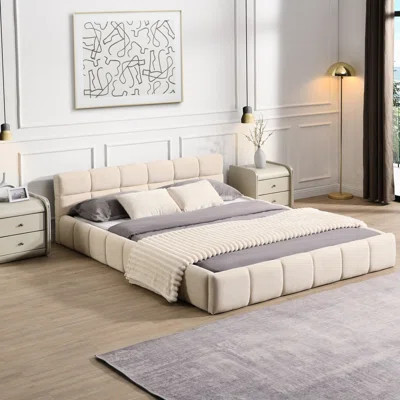 Queen Size Beige Chenille Bed With Checkerboard Headboard For A Comfort - Centric Bedroom Design Comfortable And Contemporary Sleep | Wayfair North America