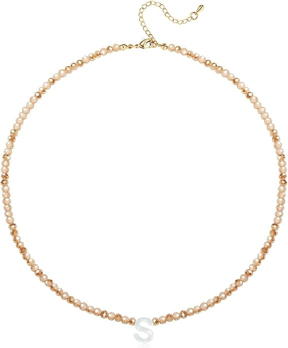 Initial Necklaces for Women Beaded Letter Choker Necklace Trendy 14K Gold Plated Shell Pendant Ne... | Amazon (US)