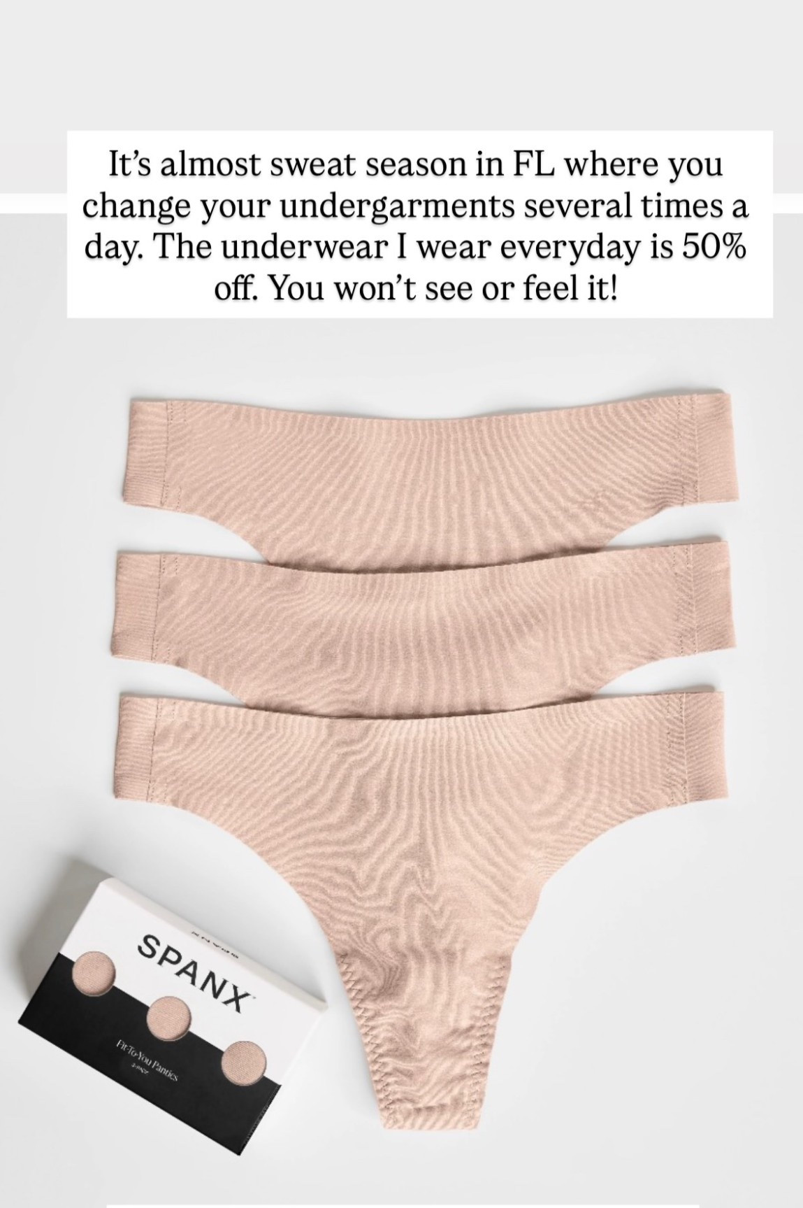 It’s almost sweat season in FL where you change your undergarments several times a day. The underwear I wear everyday is 50% off. You won’t see or feel it! reply SHOP 👇🏻 for details