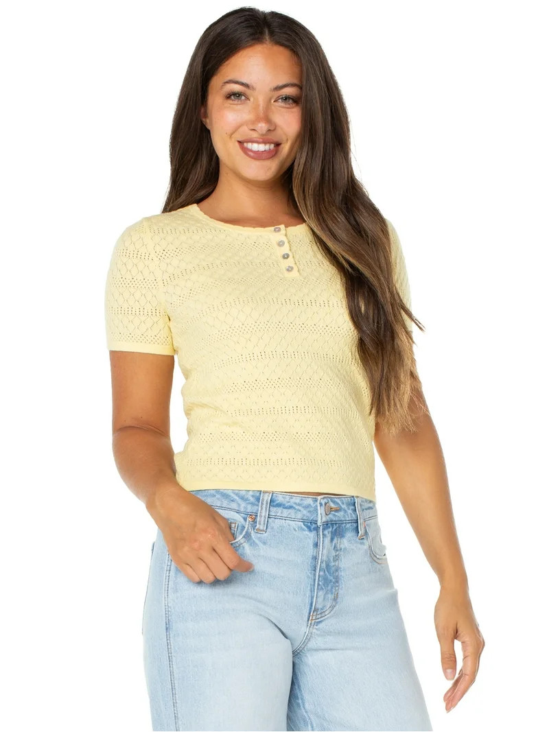 Celebrity Pink Women's Short Sleeve Pointelle Henley, Sizes XS-XXXL | Walmart (US)