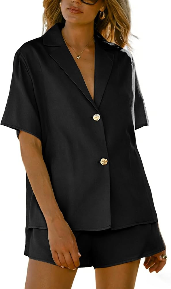 APAFES Women 2 Piece Set Button Down Shirt Shorts Sets Summer Two Piece Outfits Beach Vacation Ca... | Amazon (US)