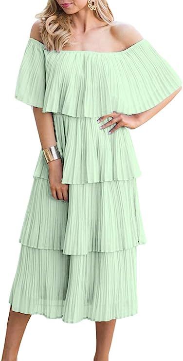 ETCYY NEW Women's Off The Shoulder Sleeveless Tiered Ruffle Pleated Casual Midi Dress | Amazon (US)