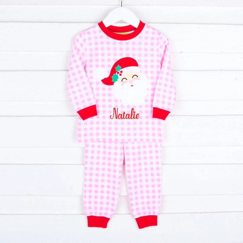Happy Santa Pink Gingham Pajamas | Classic Whimsy