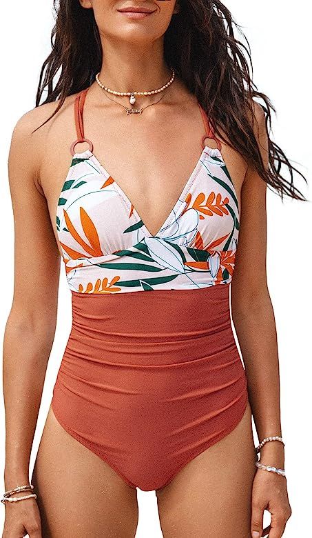 CUPSHE Women's Floral O-Ring Criss Cross One Piece Swimsuit V Neck Padded Bathing Suit | Amazon (US)