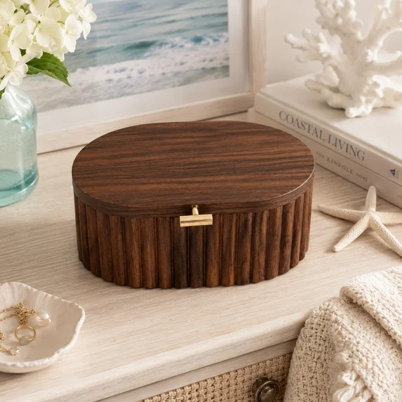Better Homes & Gardens Oval Scalloped Wood Jewelry Box with Lid, Natural, Decorative Storage | Walmart (US)