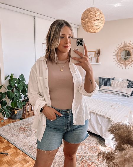 Casual summer outfit - my fave high neck ribbed tank top, longer length denim shorts, gauzy white button up shirt. Canadian Old Navy links in related products.

Summer fashion, midsize fashion, summer wardrobe basics


#LTKSeasonal #LTKcurves #LTKstyletip