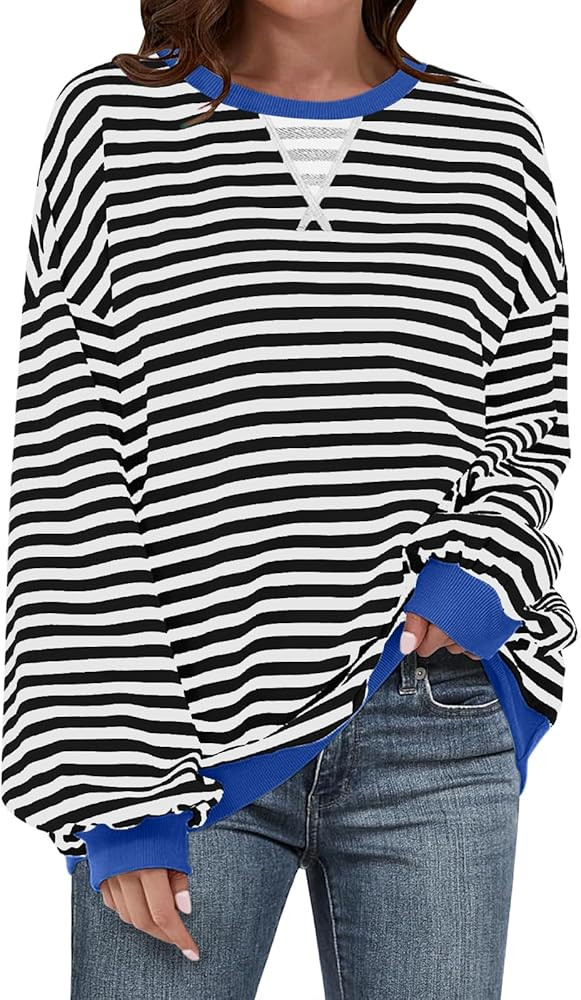 Women Oversized Striped Crewneck Sweatshirt Long Sleeve Color Block Pullover Tops Casual Loose Wo... | Amazon (US)