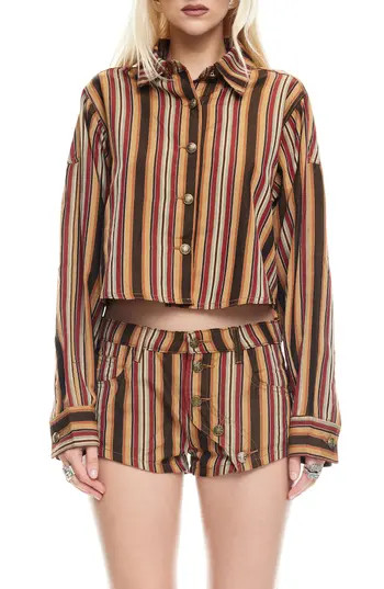 LIONESS Sundrenched Stripe Denim Crop Button-Up Shirt in Vintage Stripe at Nordstrom Rack, Size X-Large | Nordstrom Rack