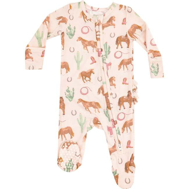 Angel Dear | 2 Way Zipper Ruffle Back Footie, Western Horses (Pink, Size 9-12M) | Maisonette | Maisonette