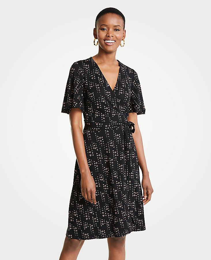 Petite Flowering Vine Flutter Sleeve Wrap Dress | Ann Taylor (US)