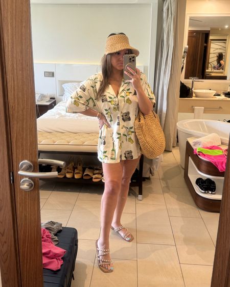 Current favorite cover up and straw visor hat 🏝️🌊 

Beach outfit. Studded sandals. Cover up. Postcard print button up top. ASOS finds. Summer outfit. Beach vacation outfit.  

#LTKTravel