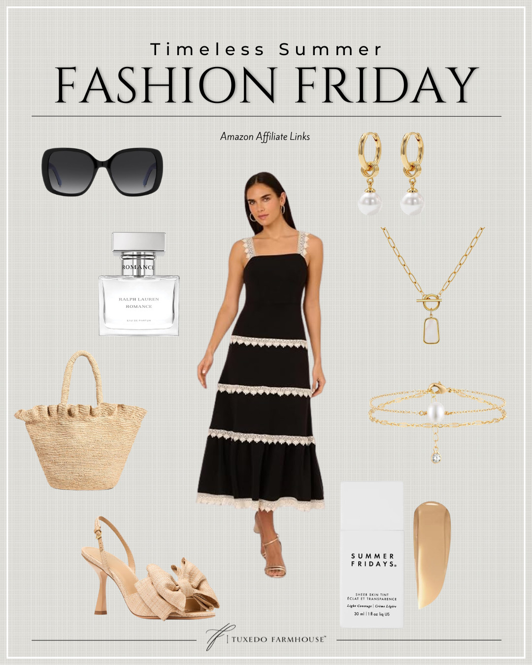 Timeless summer style never goes out of season. 🖤 This chic black-and-cream dress paired with woven accessories, classic gold jewelry, and effortless beauty favorites is the kind of outfit you'll reach for all summer long. Whether you're headed to brunch, vacation, or a summer dinner, these polished pieces create an elegant look you'll wear on repeat.

#LTKStyleTip #LTKFashion #LTKSummer #AmazonFashion #SummerStyle #ClassicStyle #TimelessFashion #VacationOutfit 

 #LTKSeasonal #LTKHome #LTKSaleAlert