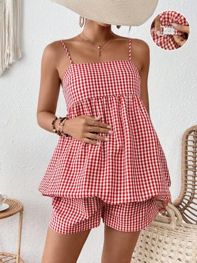 SHEIN Maternity Red Stripe Camisole Top And Adjustable Waist Wide Leg Shorts 2 Pieces Set | SHEIN