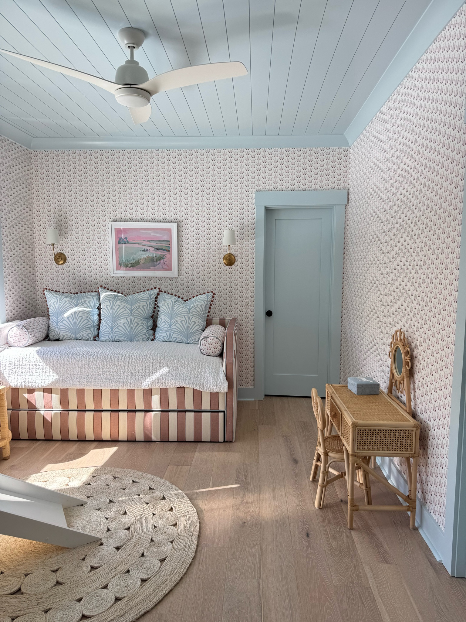 Youthful, but sophisticated girls bedroom. Pink and blue girls bedroom, pepper home Serena wallpaper. 

Pepper home fabrics, pepper home wallpaper, Blakey made art, custom day bed, upholstered day bed, woven round rug, girls bedroom inspo

#LTKSaleAlert #LTKHome #LTKU