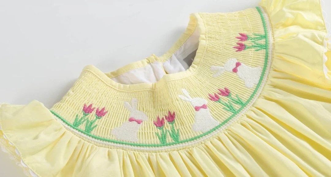 Yellow Easter Bunnies & Flowers Smocked Bishop Dress - Etsy | Etsy (US)