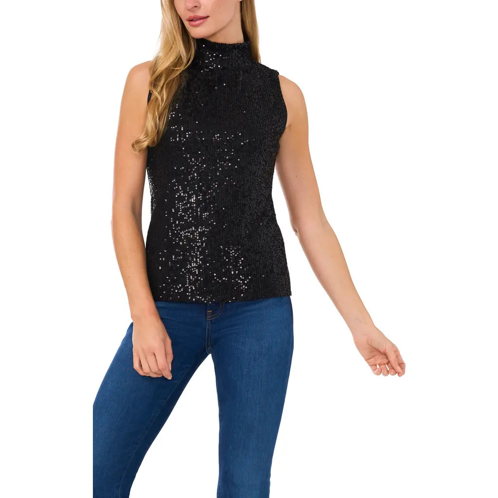 CeCe Sequin Mock Neck Top in Rich Black at Nordstrom, Size X-Large | Nordstrom