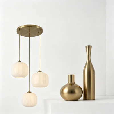 Mid Century Modern 3-Light Gold Globe Cluster Chandelier, Antique Brass Pendant Lights with Ribbed Glass Shades for Kitchen Island, Dining Room, and E | Wayfair North America