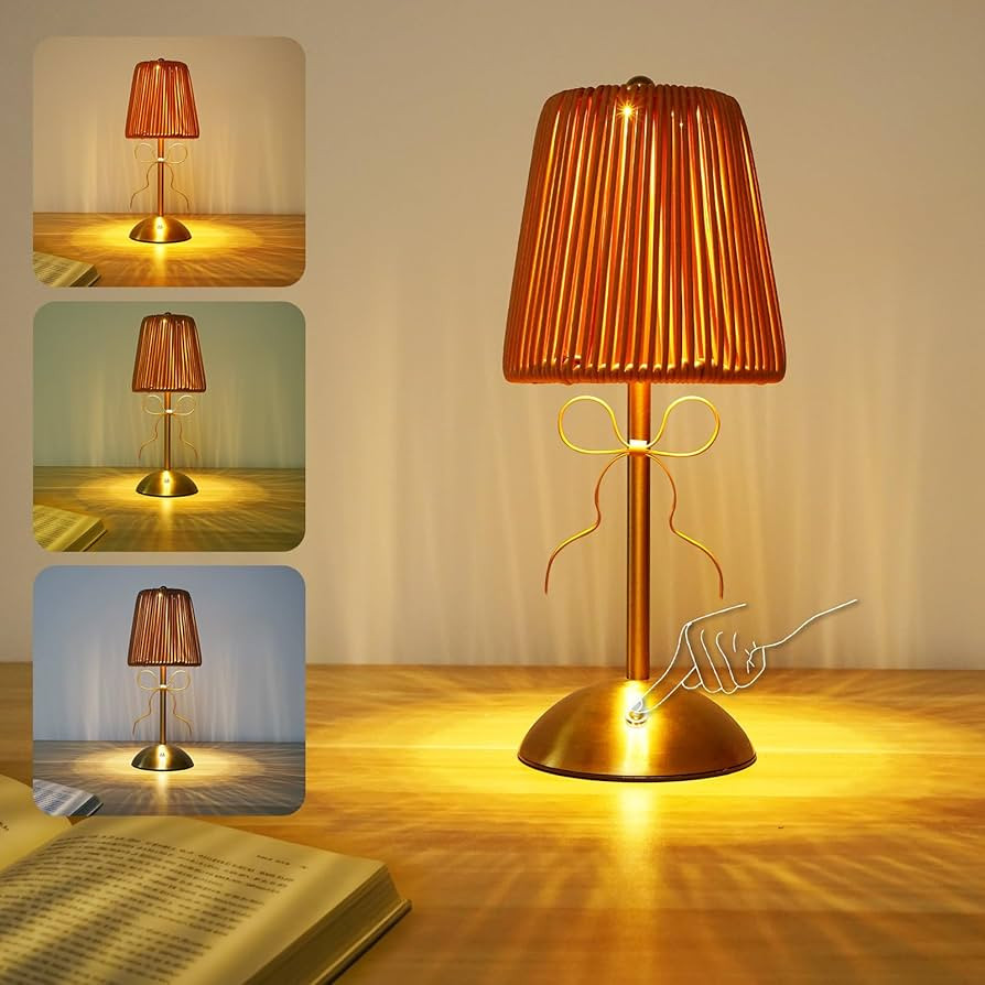 Boho Bow Rattan Table Lamp, Cordless Wicker Woven Vintage Table Lamp - LED Rechargeable Touch Con... | Amazon (US)