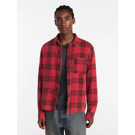 No Boundaries Boxy Fit Grunge Flannel Shirt with Long Sleeves, Men's XS-4XLT | Walmart (US)
