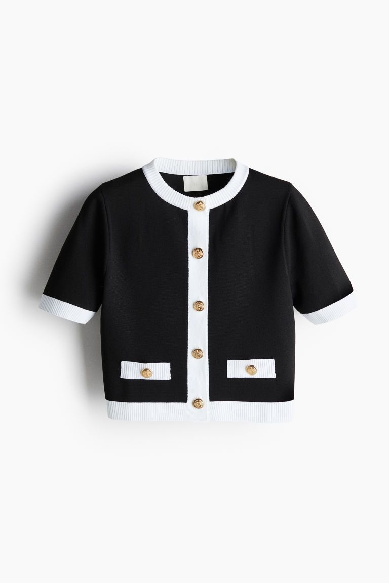 Short-sleeved cardigan - Round neck - Short sleeve - Black/White - Ladies | H&M GB | H&M (UK, MY, IN, SG, PH, TW, HK)