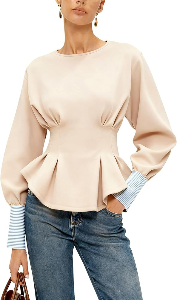 Zhiyouni Women's Peplum Sweatshirt Round Neck Balloon Long Sleeve Pullover Tops Tunic Shirt | Amazon (US)