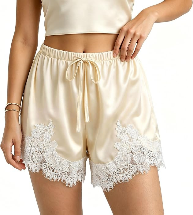Satin Silk Lace Shorts for Women Elastic Waist Drawstring Lace Trim Shorts | Amazon (US)