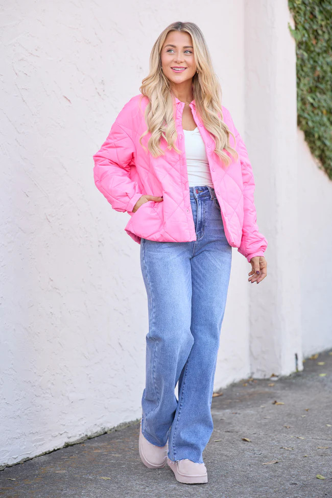 Kylan Pink Button Up Puffer Jacket | Pink Lily
