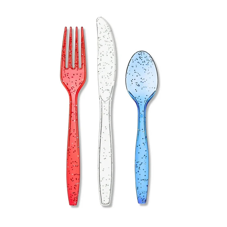 Patriotic Disposable Glitter Plastic Cutlery Set, Red/White/Blue, 18 pc, by Way To Celebrate - Wa... | Walmart (US)