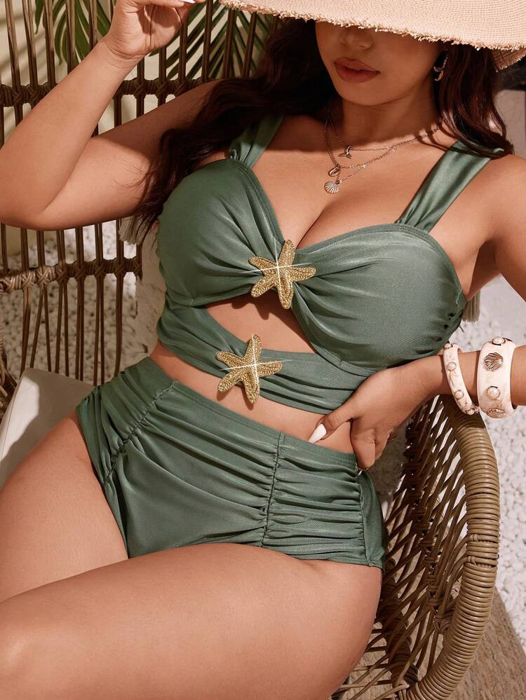 Swim Lushoire Plus Size Women Elegant Sage Green Shiny Hollow Out Bandeau Top & High Waist Pleate... | SHEIN