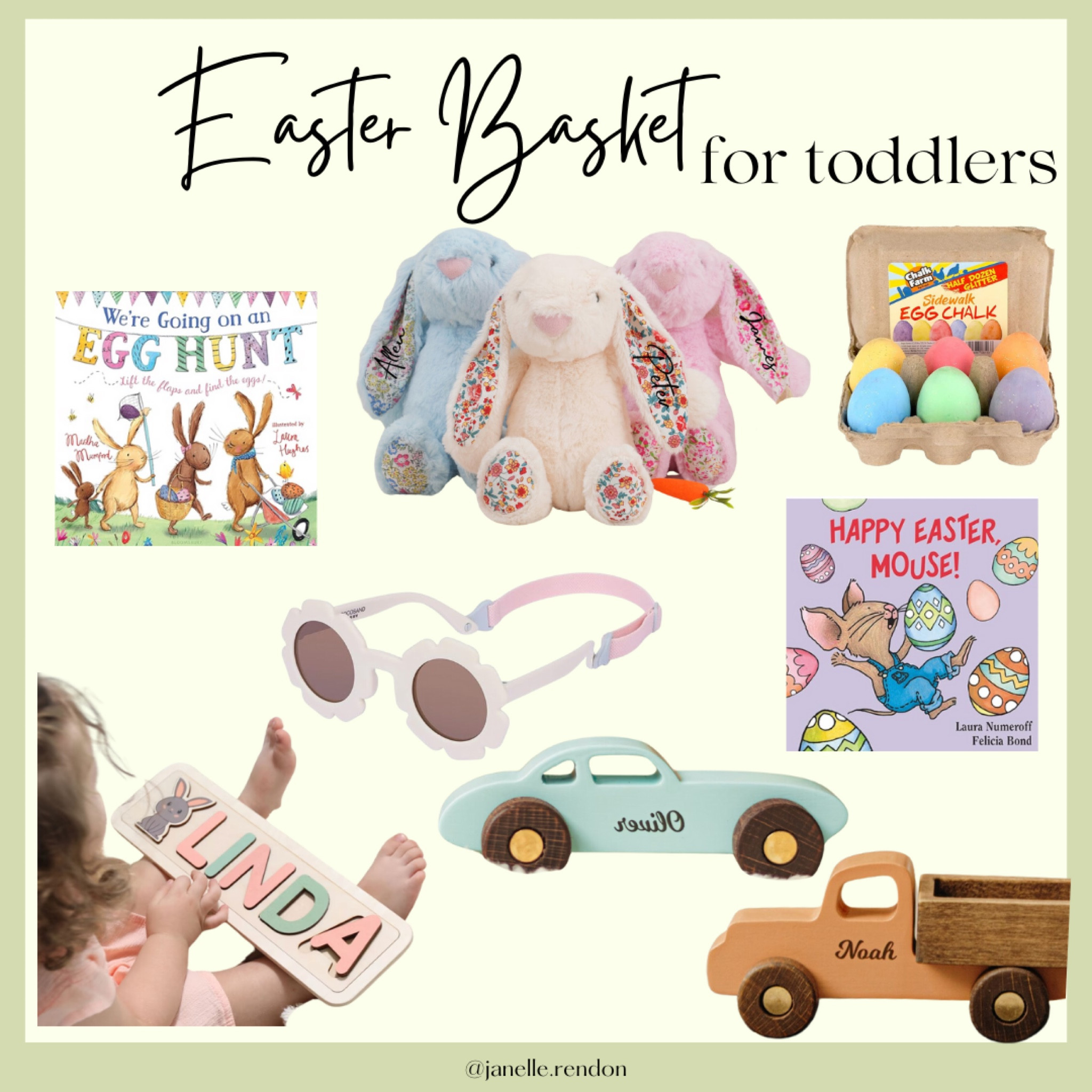 Easter basket ideas for toddlers! Cute Easter books, personalized wooden trucks, bunny stuffed animal and puzzle, sunglasses and Easter egg chalk.

#LTKbaby #LTKkids

#LTKSeasonal
