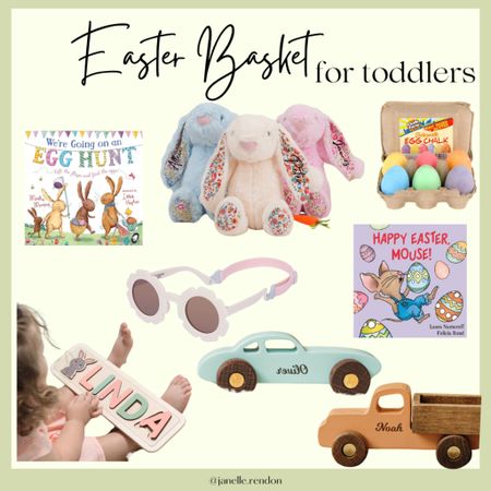 Easter basket ideas for toddlers! Cute Easter books, personalized wooden trucks, bunny stuffed animal and puzzle, sunglasses and Easter egg chalk.

#LTKbaby #LTKSeasonal #LTKkids