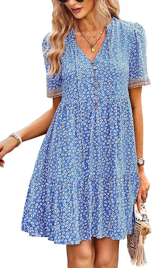 Sieanear Dresses for Women Summer Short Sleeve V Neck Floral Printed Dress Casual Flowy | Amazon (US)