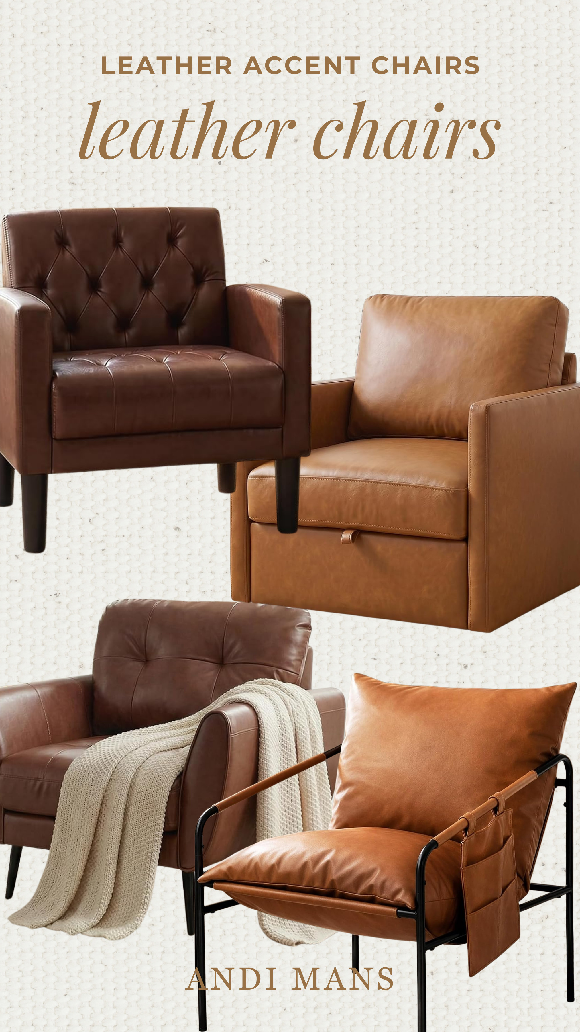 Leather accent chairs are the easiest way to warm up a room for fall. These picks come in rich cognac, caramel, camel, and chocolate brown tones that add so much character next to a neutral sofa. You'll find faux leather armchairs, leather club chairs, and mid century leather chairs with wood frames that look high end without the high price. Perfect for a living room corner, home office, reading nook, or bedroom. They pair beautifully with warm neutrals, mixed wood tones, and cozy textures for that collected, timeless look. #leatherchair #accentchair #cognacleather #leatherarmchair #midcenturymodern #livingroomdecor #falldecor #cozyhome #amazonhome #amazonfinds  

 #LTKOver40 #LTKHome #LTKSaleAlert