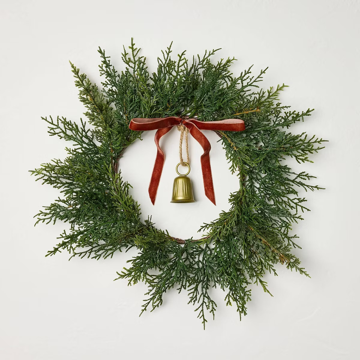 12" Mini Cypress with Brass Bell and Red Ribbon Wreath - Hearth & Hand™ with Magnolia | Target