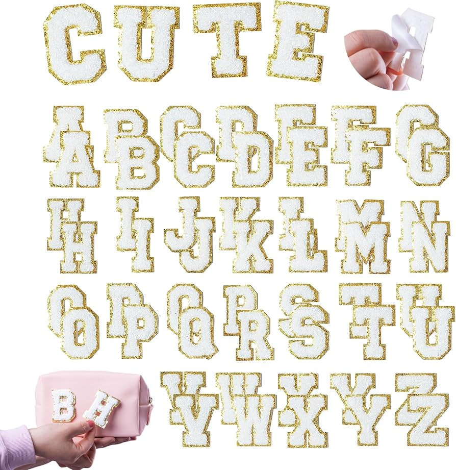 52PCS White Chenille Letter Patches with Gold Trim - Varsity Style Self Adhesive Appliques for Ja... | Amazon (US)