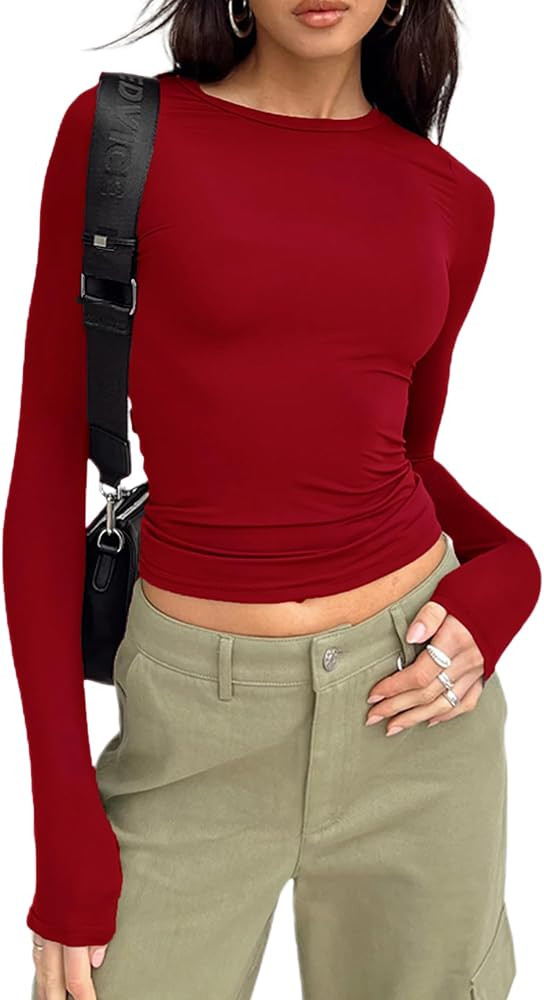 Women's Slim Fit Crop Tops Casual Solid Color Crew Neck Long Sleeve Tight T-Shirt Basic Blouse Te... | Amazon (UK)